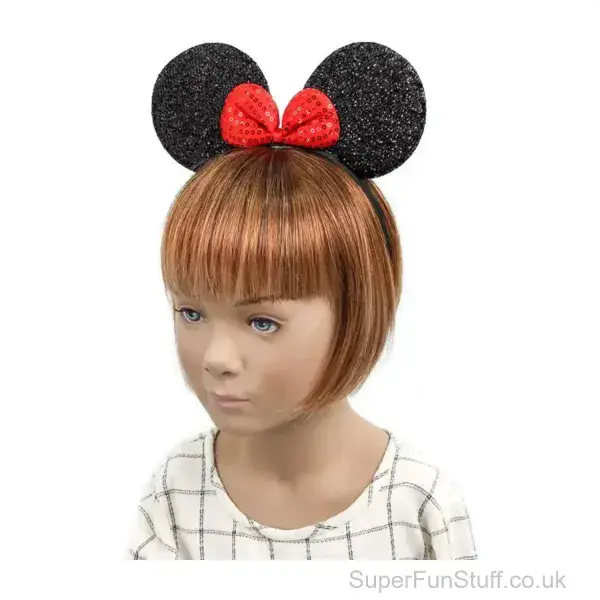 Mouse Ears Headband - Black Glitter & Red Bow | Girls Fancy Dress