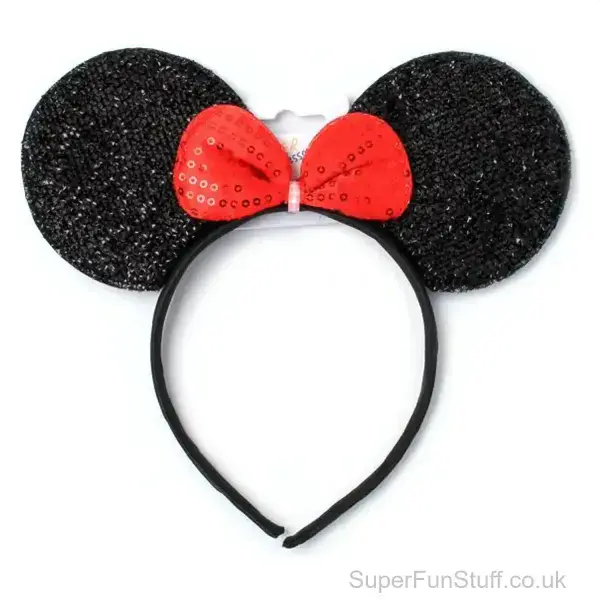 Mouse Ears Headband - Black Glitter & Red Bow | Girls Fancy Dress