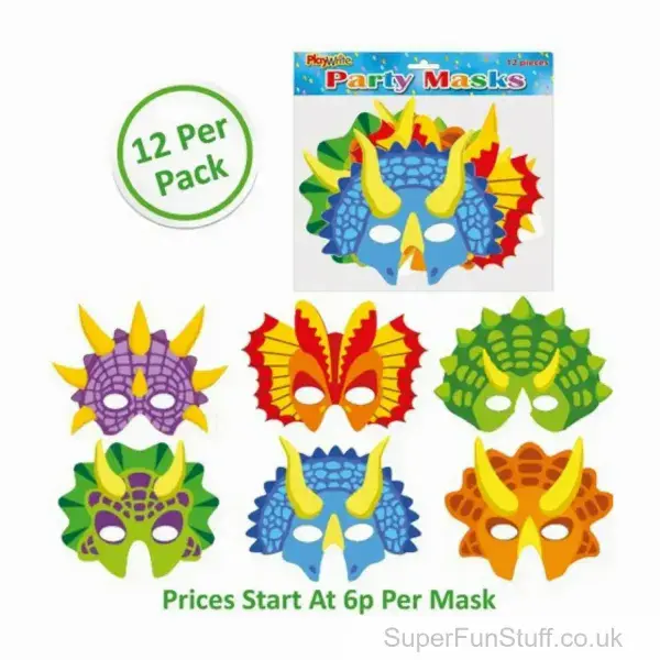Pack of 12 Dinosaur Card Masks For Kids | Fancy Dress Dinosaur Party Bag Fillers UK