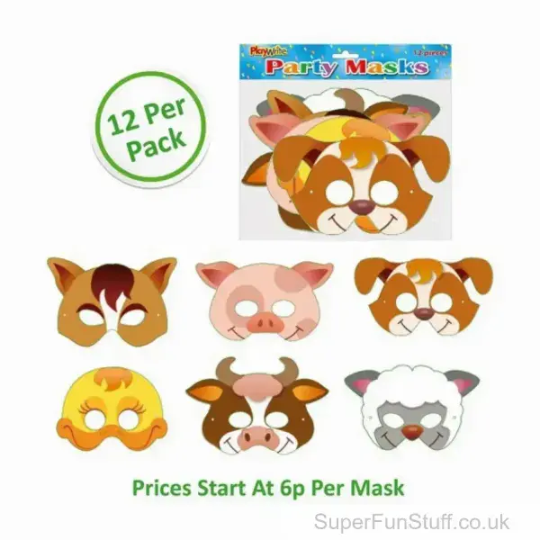 Pack of 12 Farm Animal Card Masks For Kids | Children's Fancy Dress Party Accessories