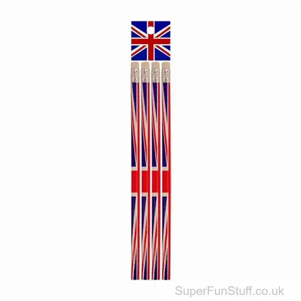Pack of 4 Union Jack Pencils with Erasers - British-Inspired Stationery Set