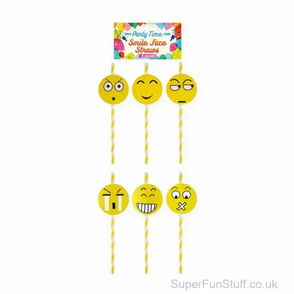 Pack of 6 Emoji Smile Face Paper Straws | Kids Recyclable Party Supplies UK