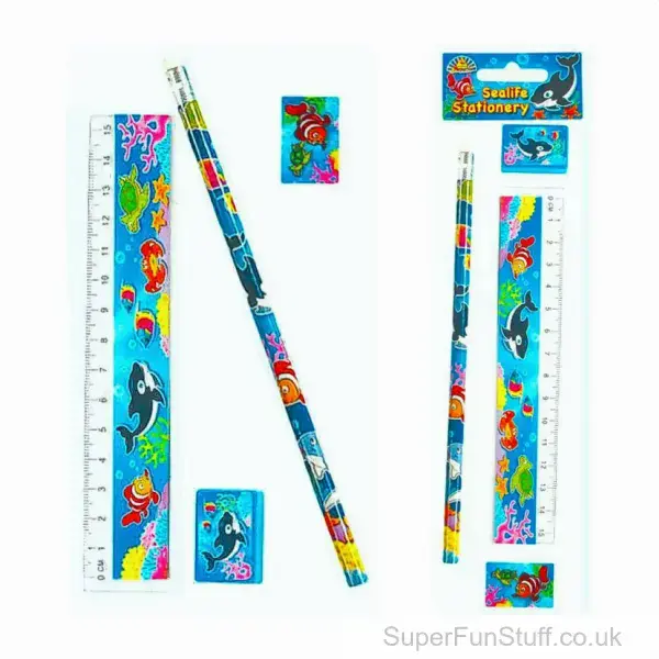 Sea Life 4 Piece Stationery Set - Eraser, Pencil, Ruler & Sharpener | Sea Animal Party Bag Fillers
