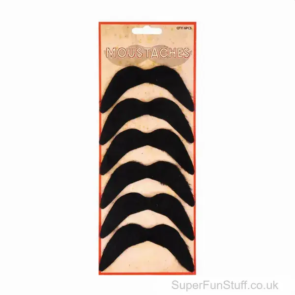 Set of 6 Stick On Black Hairy Moustaches - Fancy Dress | Mexican Cowboy Accessory