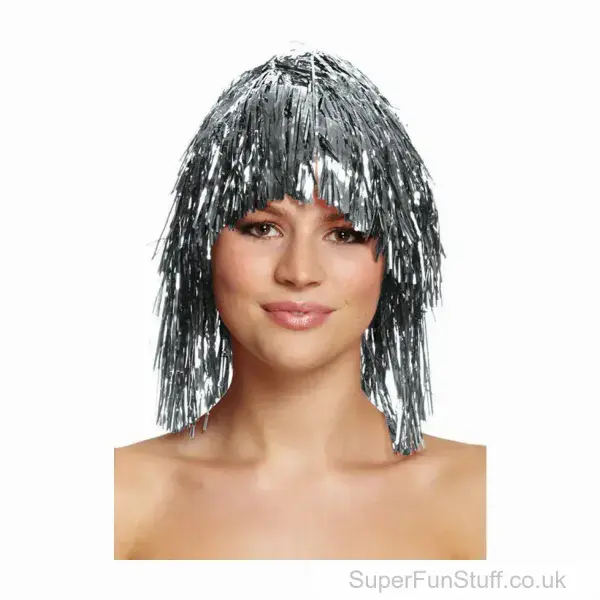 Tinsel Wig Silver | Low Cost Adult's Fancy Dress | Hen Party Wig