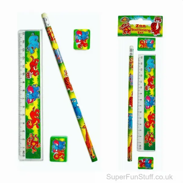 Zoo Animal 4 Piece Stationery Set - Eraser, Pencil, Ruler & Sharpener | Party Bag Fillers