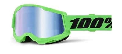 100% Strata 2 Flo Green Goggles with Blue Mirror Lens