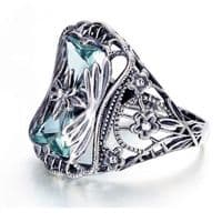 Bague Ancienne Cocktail de Fleur Aigue marine Argent massif 925