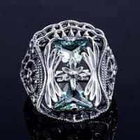 Bague Ancienne Cocktail de Fleur Aigue marine Argent massif 925