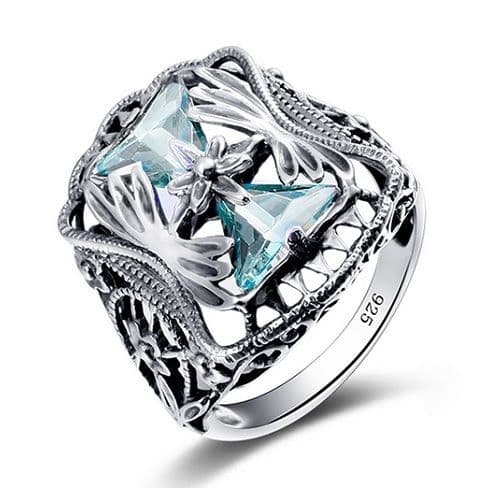 Bague Ancienne Cocktail de Fleur Aigue marine Argent massif 925