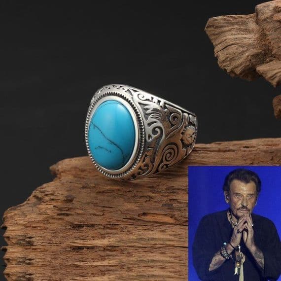 Bague Biker Johnny Hallyday St Barth Turquoise Argent massif 925