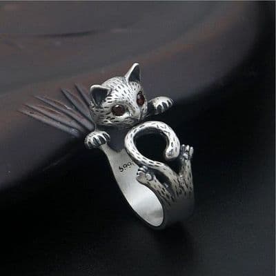 Bague Chat Argent massif 925 et Rubis