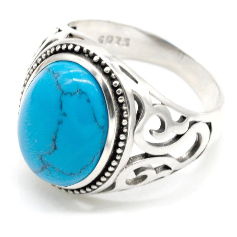 Chevalière Homme En Argent 925 - Pierre Turquoise Naturelle Bleue - Taille 63 - 8 Grammes