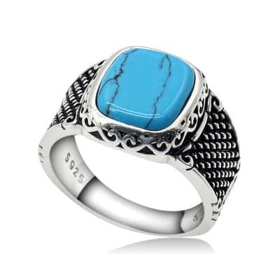 Bague chevalière Turquoise Turc Carré  Argent massif 925