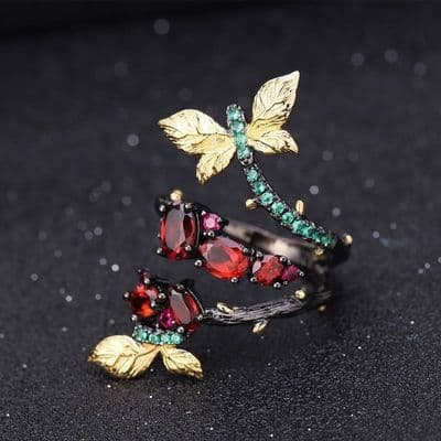 Bague Créateur Branche Grenat et Emeraude Argent massif 925 Plaqué or 18 K