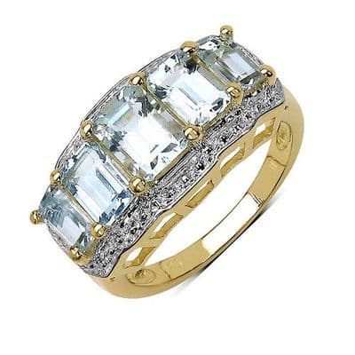 Bague Fiançailles 5 Aigue-marine Argent massif 925 Plaqué or