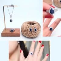 Bague Fiançailles Mariage Goutte d'eau Saphir et Zircons Argent massif 925