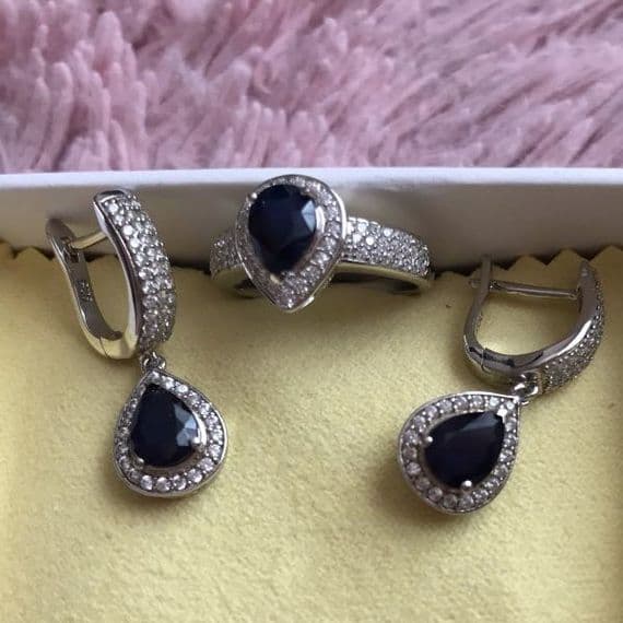 Bague Argent Massif Sertie De 2 Saphirs Et Zircon - Taille 54, Style "Toi Et Moi"