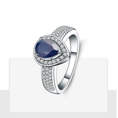 Bague Fiançailles Mariage Goutte d'eau Saphir et Zircons Argent massif 925