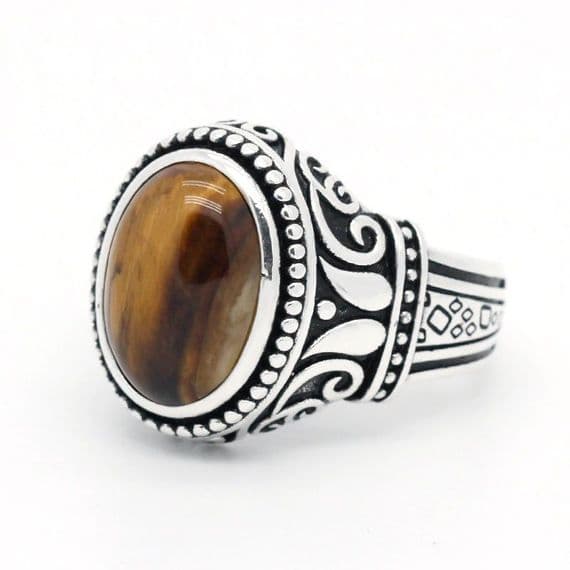 Bague Ancienne Chinoise En Argent Massif 925 Avec œil De Tigre - Taille 57, Réglable, Pierre Naturelle, Occasion