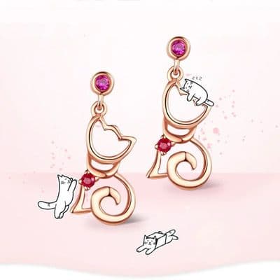Boucles d'oreilles Chats Rubis Or 9 K
