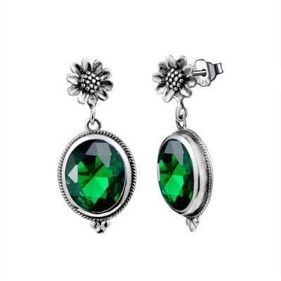 Boucles d'oreilles victorienne Marguerite Emeraudes Argent massif 925