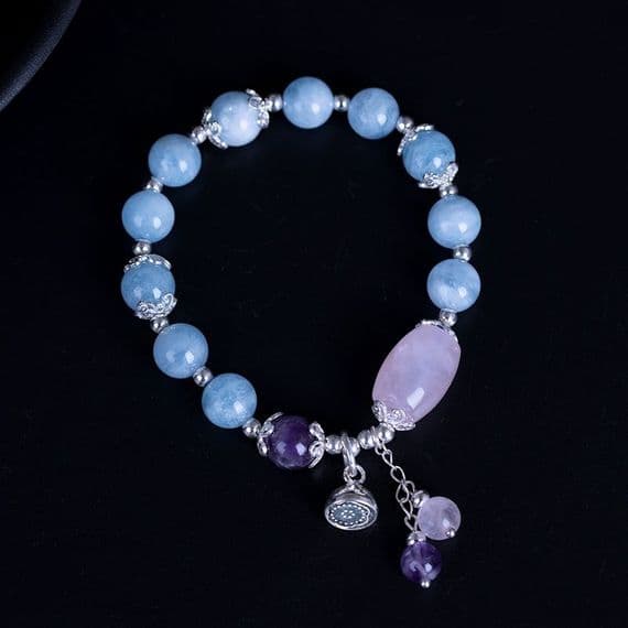 Bracelet Aigues-marines et Améthystes naturelles Argent massif 925