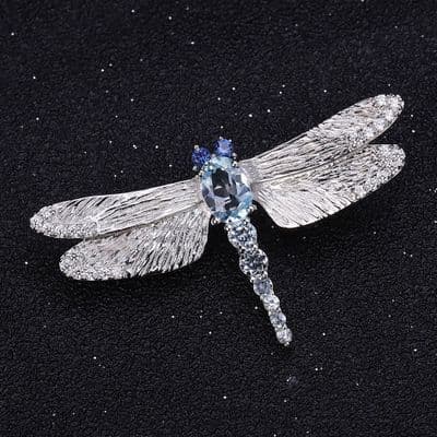 Broche créateur Libellule Topaze et Saphir Argent massif 925 Plaqué or 18 K
