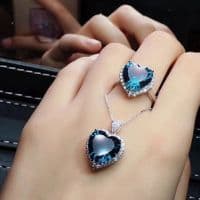 Ensemble Parure Fiançailles Mariage Titanic Coeur de l'Océan Argent massif et Topaze bleu
