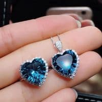 Ensemble Parure Fiançailles Mariage Titanic Coeur de l'Océan Argent massif et Topaze bleu