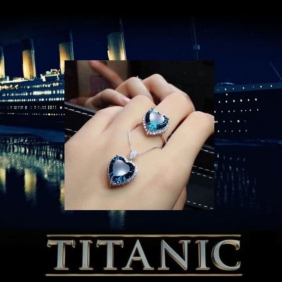 Ensemble Parure Fiançailles Mariage Titanic Coeur de l'Océan Argent massif et Topaze bleu