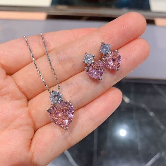 Parure Coeur Saphir rose Diamants moissanites Argent massif 925