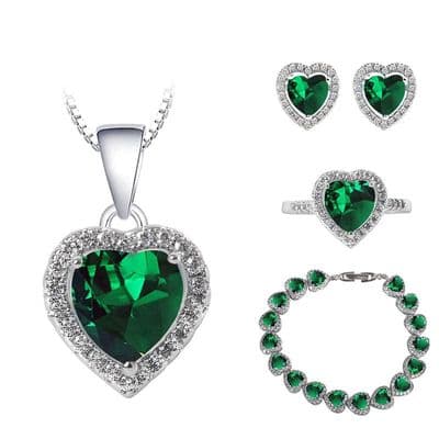 Parure fiançailles Coeur Emeraudes Argent massif 925