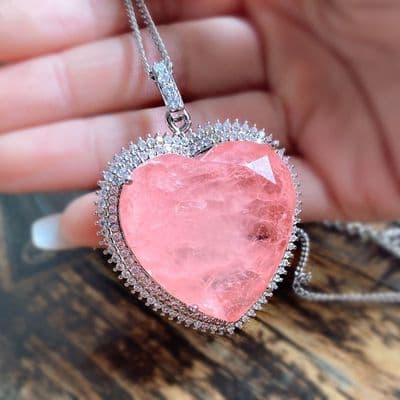 Pendentif collier Coeur Titanic Morganite rose et Moissanites Argent massif 925