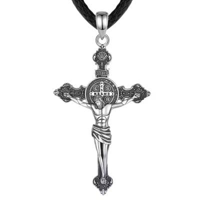 Pendentif Collier Jésus Christ médaille de Saint Benoît  Argent massif 925