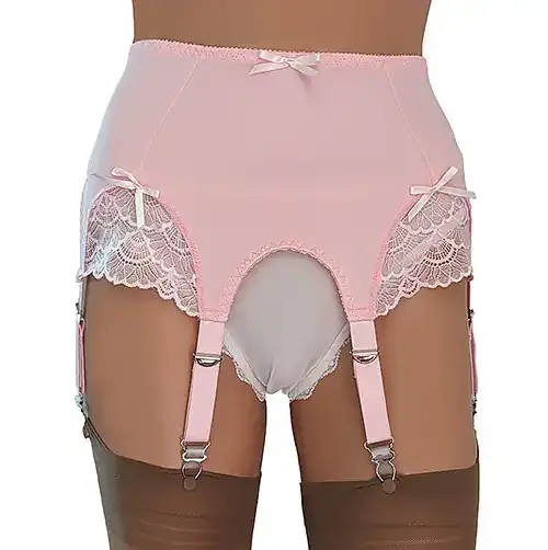 6 Strap Baby Pink Suspender Belt with Lace Trims