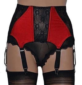 6 Strap Boned Suspender Belt in Red & Black