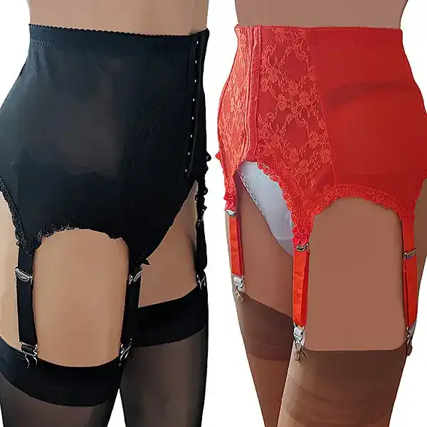 6 Strap Lace Front Opening Suspender Belt in Red or Black