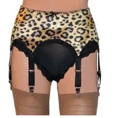 Satin leopard Print 6 Strap Suspender Belt in Black