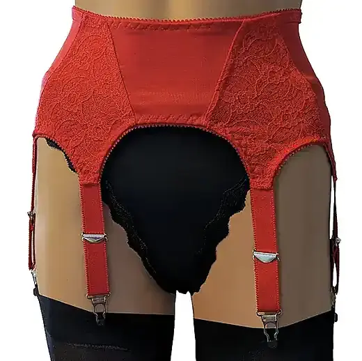 6 Strap Luxury Suspender Belt in Red with Lace Panels