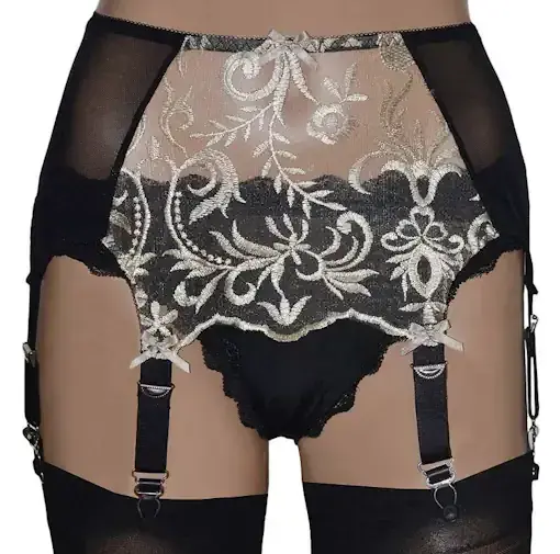 6 Strap Suspender Belt in Satin with Gold Lace Front Panels