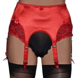 6 Strap Suspender Belts in Red Satin with Lace Inserts
