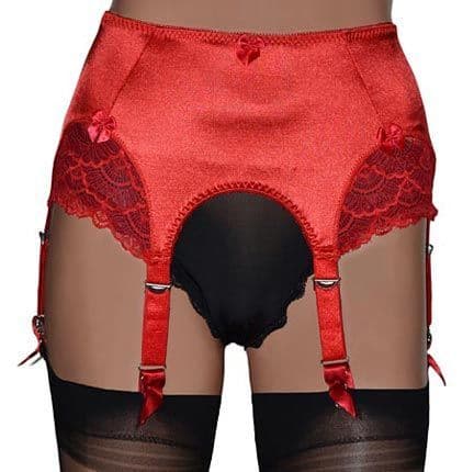 6 Strap Suspender Belts in Red Satin with Scalloped Lace Inserts