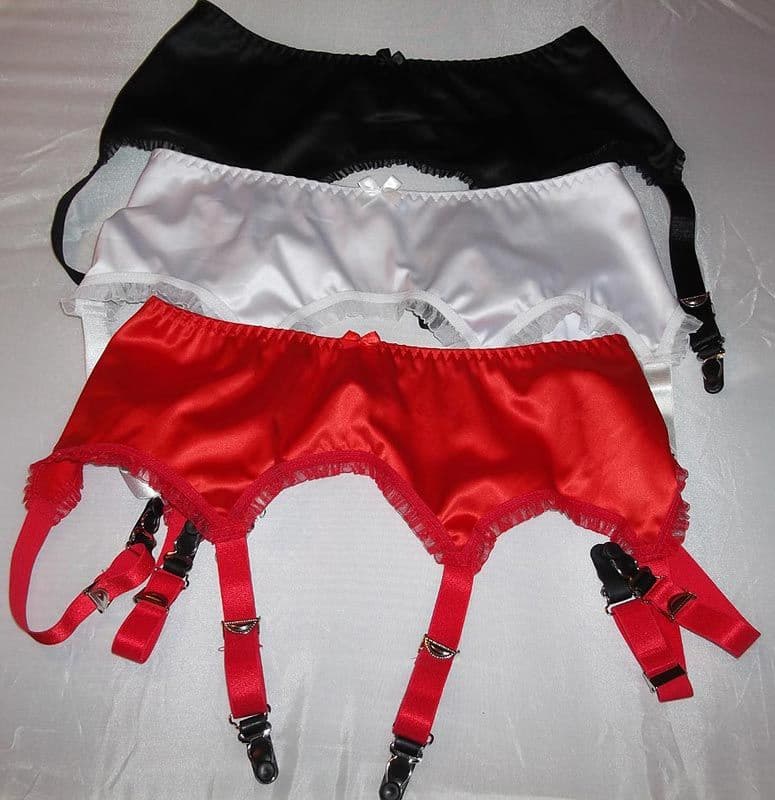 6 Strap Suspender Belts in Red, White and Black Satin