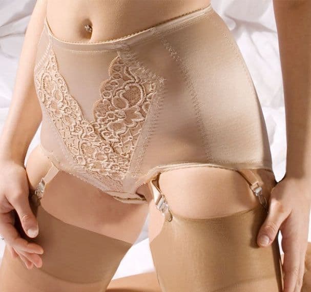 Beige Panty Girdle with 6 Suspenders and Lace Front Panel