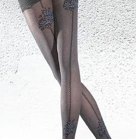 Black 40 Den Tights with Roses Motif and Backseam