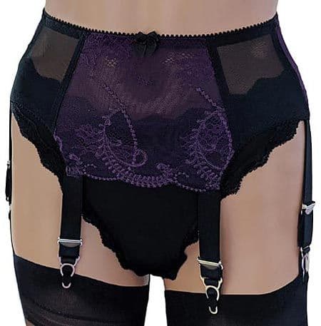 Luxury 6 Strap Suspender Belt in Black and Purple with Lace Panels