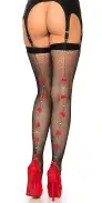 Black Fishnet Stockings with Red Satin Bow Seams