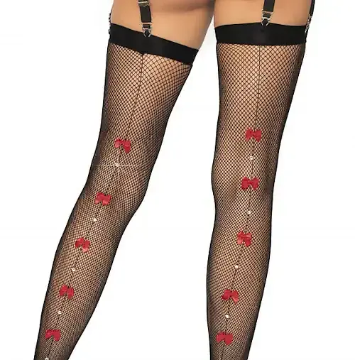 Black Fishnet Stockings with Red Satin Bow Seams