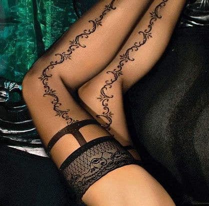 Embroidered Lace Top Luxury Black Holdups with Gold Lurex Pattern